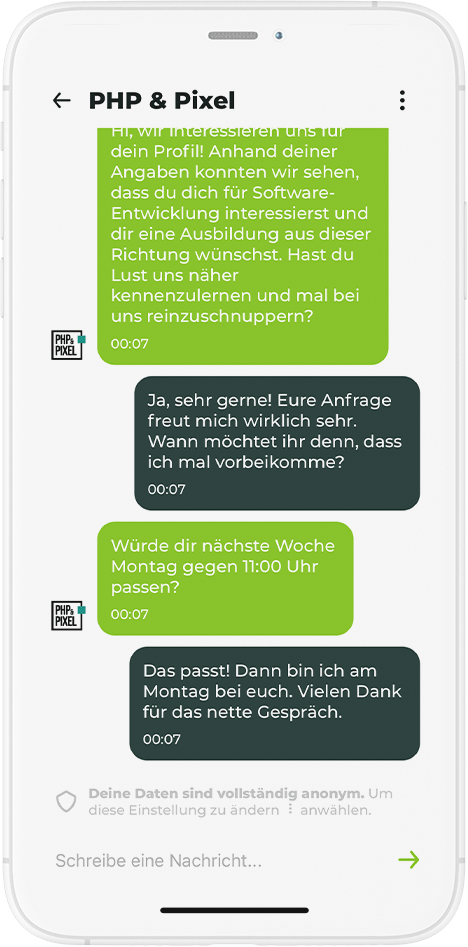 beAzubi - Chat innerhalb der App mit einem Unternehmen